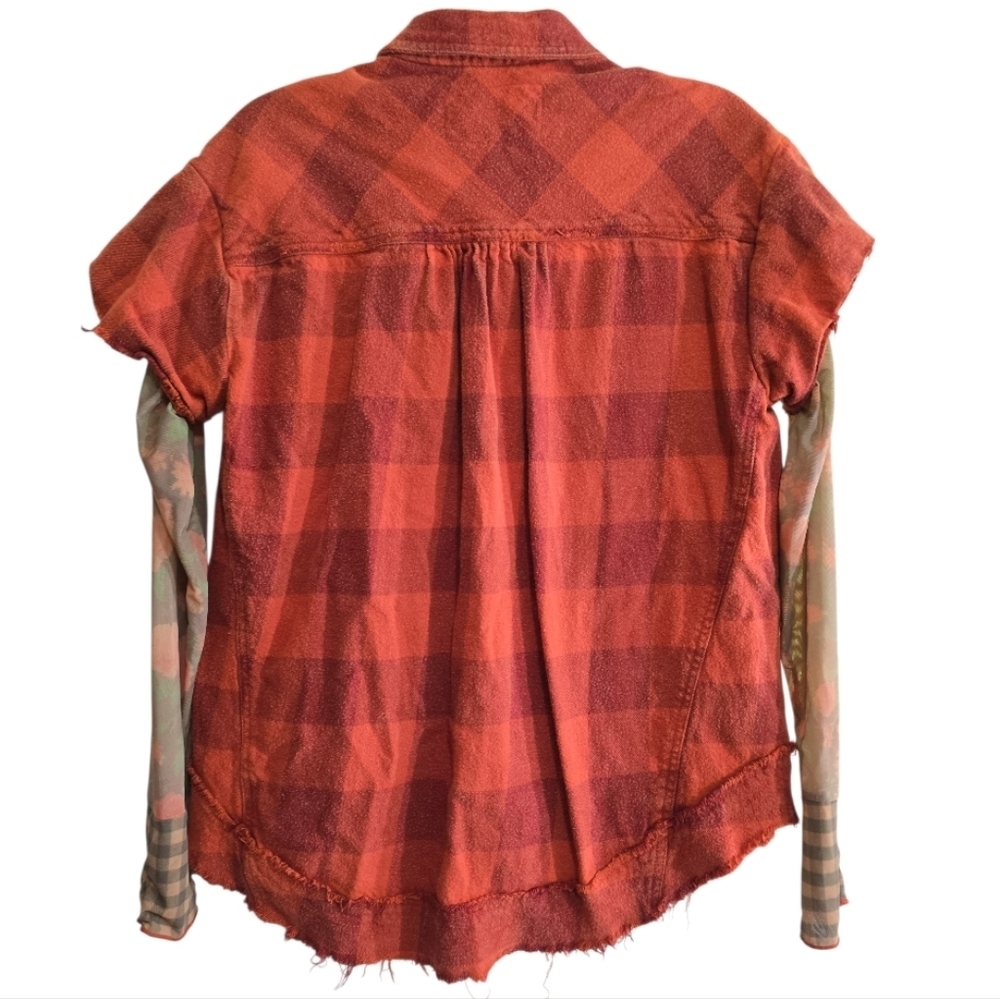 Free People Flower Fields Twofer Flannel Top Sheer Floral Sleeves Small Orange - Picture 8 of 11